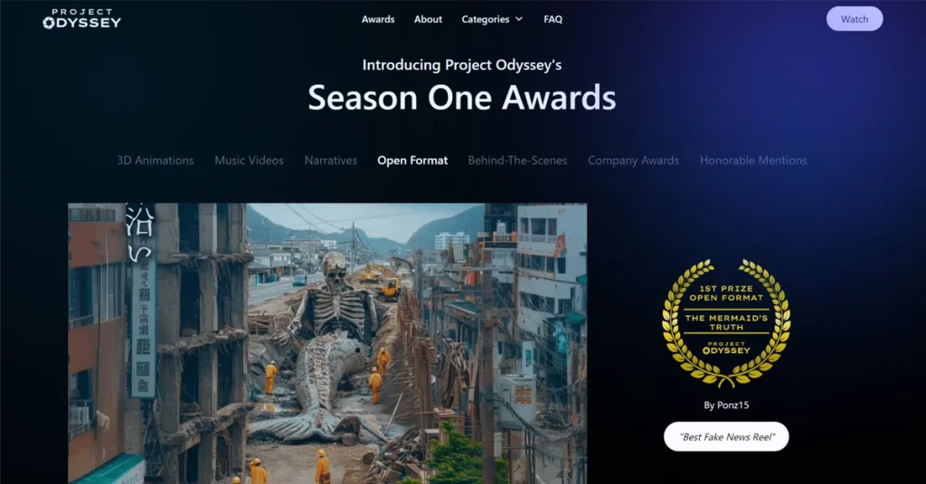 国際AI映像制作コンペ「Project Odyssey」の第1回受賞作品が発表。1,300以上の応募から選ばれた各部門の優秀作や、日本人クリエイターぽんずさんの受賞作「The Mermaid's Truth」を紹介。AIが切り開く次世代の映像表現の可能性を探る。